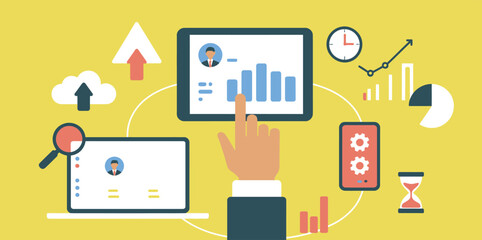 Business Data Review and Productivity Tools — Hand Pointing at Tablet and Laptop Screens with Graphs, Profile Icons, and Analytical Symbols