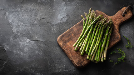 Culinary-themed image featuring asparagus bunches arranged on a wooden cutting board over dark stone