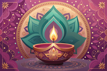 Festive Diwali Background Design with Cat Illustration on the Left Side