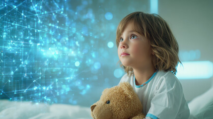 A young child with a teddy bear, mesmerized by a glowing, intricate digital network display in a dimly lit room.