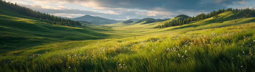 Panoramic view of a lush, green valley with rolling hills and wildflowers under a calming, cloudy sky at sunset.