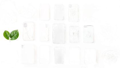 Smartphone Cases Displayed on a White Surface with Green Leaf Accents Featuring Various Textures