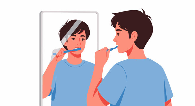 Man brushing teeth in front of a mirror showcasing personal care and oral hygiene practices for a healthy lifestyle and well-being