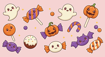 Sweet Halloween Treats Ghosts, Pumpkins, and Candy on a Pink Background
