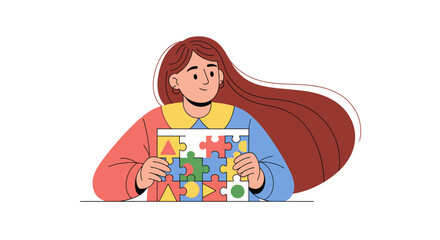 Obraz premium Illustration of a woman holding a colorful puzzle representing unity and problem-solving thinking