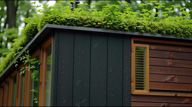 Architectural close-up of a rustic dormer window seamlessly integrated into a living green roof, surrounded by dense mat