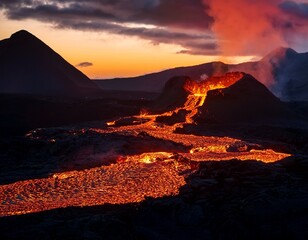 expansive volcanic valley illuminated by flowing lava rivers under dramatic fiery sky rugged mountain silhouettes framing eruption aftermath in harsh molten terrain