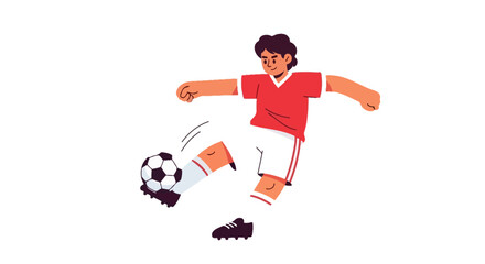 Dynamic illustration of a soccer player kicking a ball with force against a clean white backdrop demonstrating youthful vigor