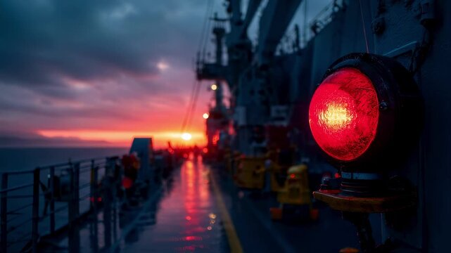A closeup view of an emergency beacon being activated on the deck of a large cargo ship with the device emitting a bright red flash against the backdrop of a sunset creating a stark
