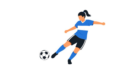 Dynamic action of female soccer player kicking ball, showcasing athletic prowess and youthful energy, in a vector style graphic on a clean background