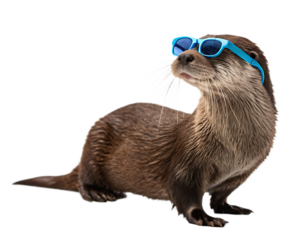 Otter with brown fur wearing bright blue sunglasses standing on a transparent background looking upward