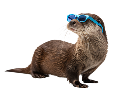Otter with brown fur wearing bright blue sunglasses standing on a transparent background looking upward