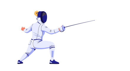 Obraz premium Focused Fencer in Action, Prepared for the Duel, Stance on the White Canvas: A Precision Movement, Intense Concentration, Skillful Technique, Ready