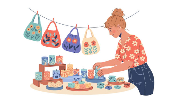 Woman arranging handcrafted candles and floral bags at a craft fair stall preparing for sales with her artisan collection featuring unique products