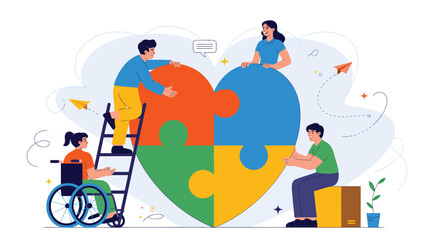 Obraz premium Inclusive Teamwork for Shared Goals — Diverse Individuals Assembling a Heart Puzzle Symbolizing Collaboration, Empathy, and Unity
