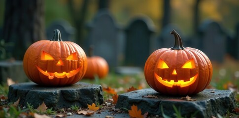 Several carved pumpkins rest on weathered gravestones ,  night,  gravestones,  scary