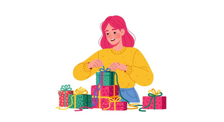 Obraz premium Illustration of a young woman with pink hair meticulously wrapping presents for a special occasion with a joyous expression on her face