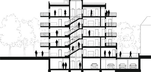 Architectural cross section drawing of a modern multi story residential building with detailed interior and exterior elements