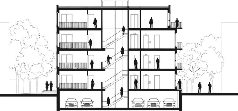 Architectural cross section drawing of a modern multi story residential building with balconies and underground parking