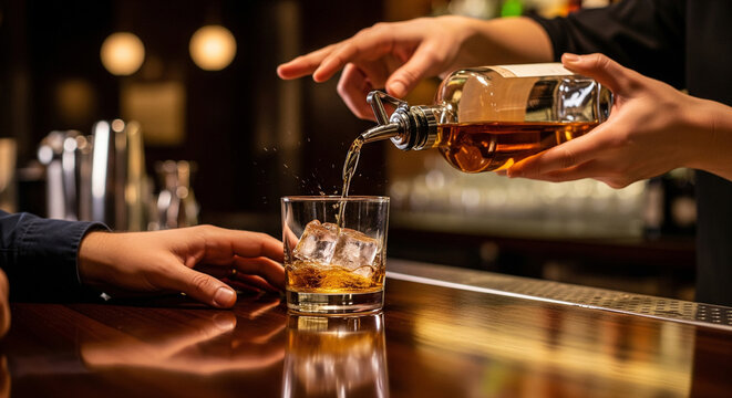 Close up of counter, waiter hands pouring alcohol into glass for customer service, ordering and hospitality. Night club, pub and bartender pouring drinks, beverages and liquids to serve people at bar 
