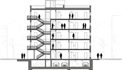 Architectural cross section of a multi story building showcasing interior spaces and exterior fire escape stairs with people