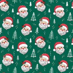 Santa Claus with snow and white ground, polka dot, vintage style pattern. Cute seamless Christmas holidays cartoon character background. Separate elements.