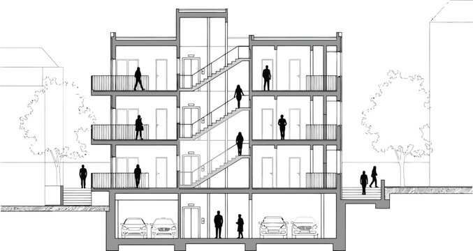 architectural building section with people, black and white clip art preview