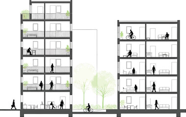 Architectural cross section of modern multi story residential buildings with human figures illustrating daily life activities