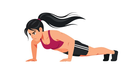 Focused Female Athlete Demonstrating Push-Up Exercise with Determination and Strength, Sporting a Red Top and Black Shorts
