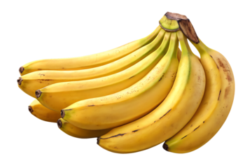 Fresh yellow banana bunch with green tips and brown stem end, isolated on a transparent background