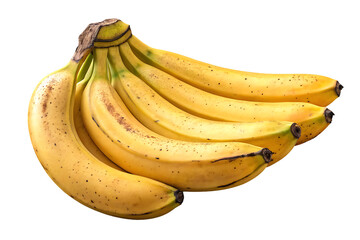 Ripe yellow banana bunch with brown spots and natural stem attachment, isolated on a transparent background