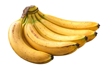 Ripe yellow banana bunch with brown spots and natural stem attachment, isolated on a transparent background