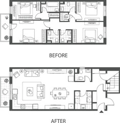 Visual comparison of a home renovation showing a before and after floor plan layout transformation