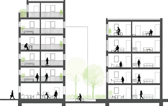 Architectural cross section of modern multi story residential buildings with human figures illustrating daily life activities