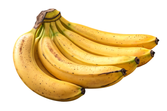 Ripe yellow banana bunch with brown spots and natural stem attachment, isolated on a transparent background