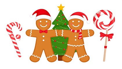 Festive gingerbread men with Christmas tree and candy canes