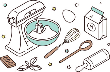 Seamless pattern with cartoon kitchen utensil icons, a vibrant vector illustration of cooking tools and equipment