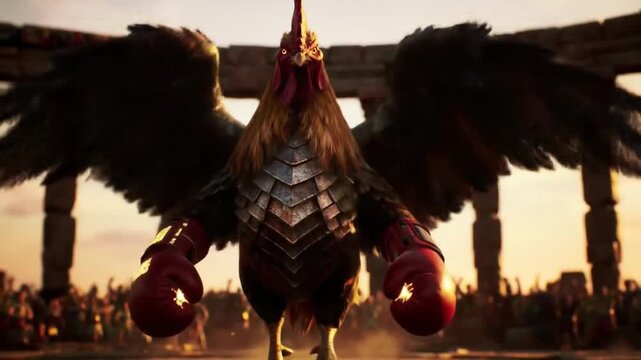 A formidable fantasy rooster fighter in battle armor and boxing gloves stands as a champion in an ancient gladiator arena at sunset.