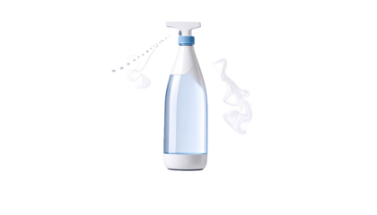 Transparent Bottle With Blue Liquid And Spray Action Isolated On Black Background