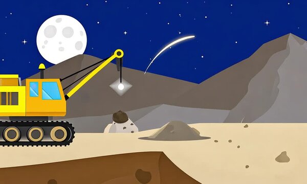 Yellow excavator digging on moonlit terrain