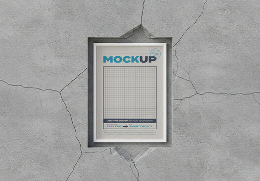 Vertical Frame Image Poster Mockup Embedded in Cracked Concrete