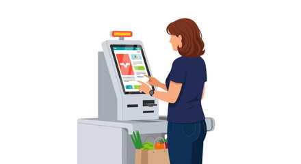 Woman utilizes supermarket self-checkout kiosk for grocery purchase streamlining experience efficiently