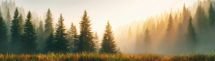 Morning sun rays filtering through a dense forest of tall pine trees, casting golden light over a misty landscape.