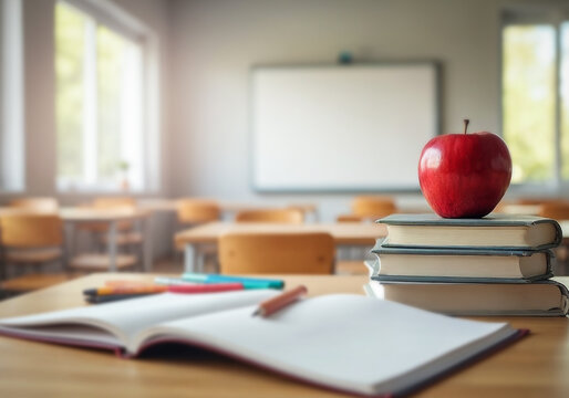 Close-up of school supplies arranged on wooden student desk, red apple and books with copy space. Blurred sunlight classroom interior background. - Powered by Adobe