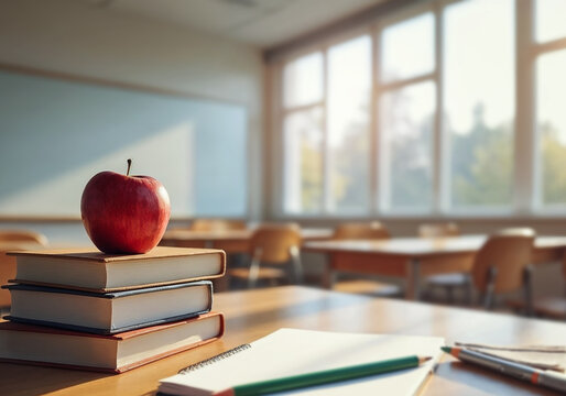 Close-up of school supplies arranged on wooden student desk, red apple and books with copy space. Blurred sunlight classroom interior background.