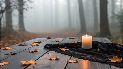 rustic halloween background product display with candles and autumn leaves
