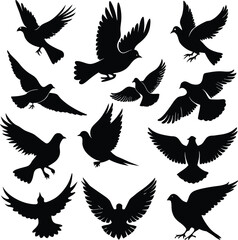 Obraz premium A vector set of flying bird silhouettes, including eagles, doves, and hawks, perfect for animal illustration, design, or tattoo