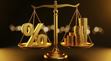 Golden scales of justice balancing percentage symbol against stack of coins