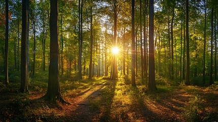 Obraz premium Walking Path Through Forest at Sunset with Sunlight Shining Through Trees