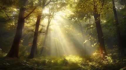 Fototapeta premium Sunlight Streaming Through Trees Creates an Ethereal Atmosphere in Forest